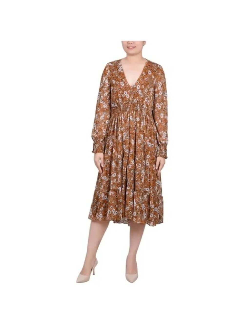 NY Collection Womens Petites Chiffon Floral MIDI Dress Mustard Size PS NWT